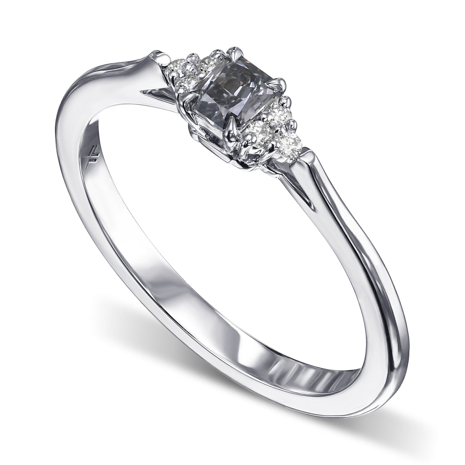 Fancy Blue Gray Radiant Diamond Side Stone Ring