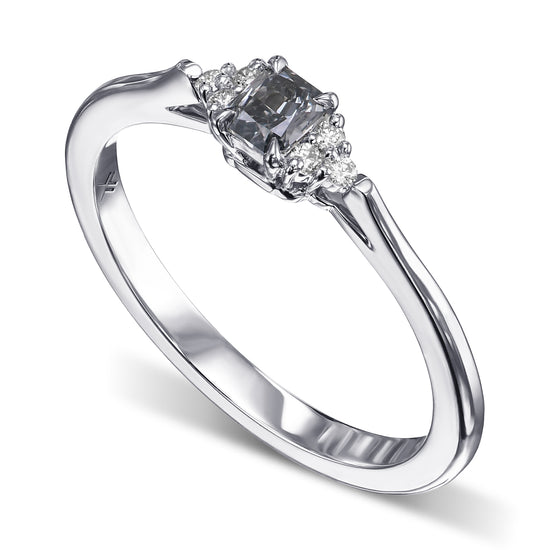 Fancy Blue Gray Radiant Diamond Side Stone Ring