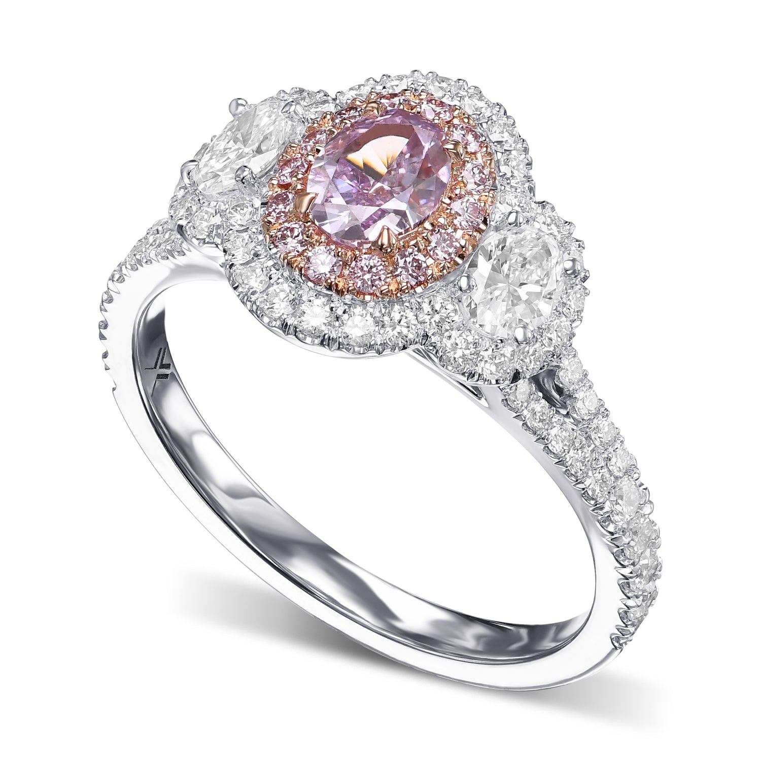 Fancy Pink Purple Oval 3 Stone Diamond Ring