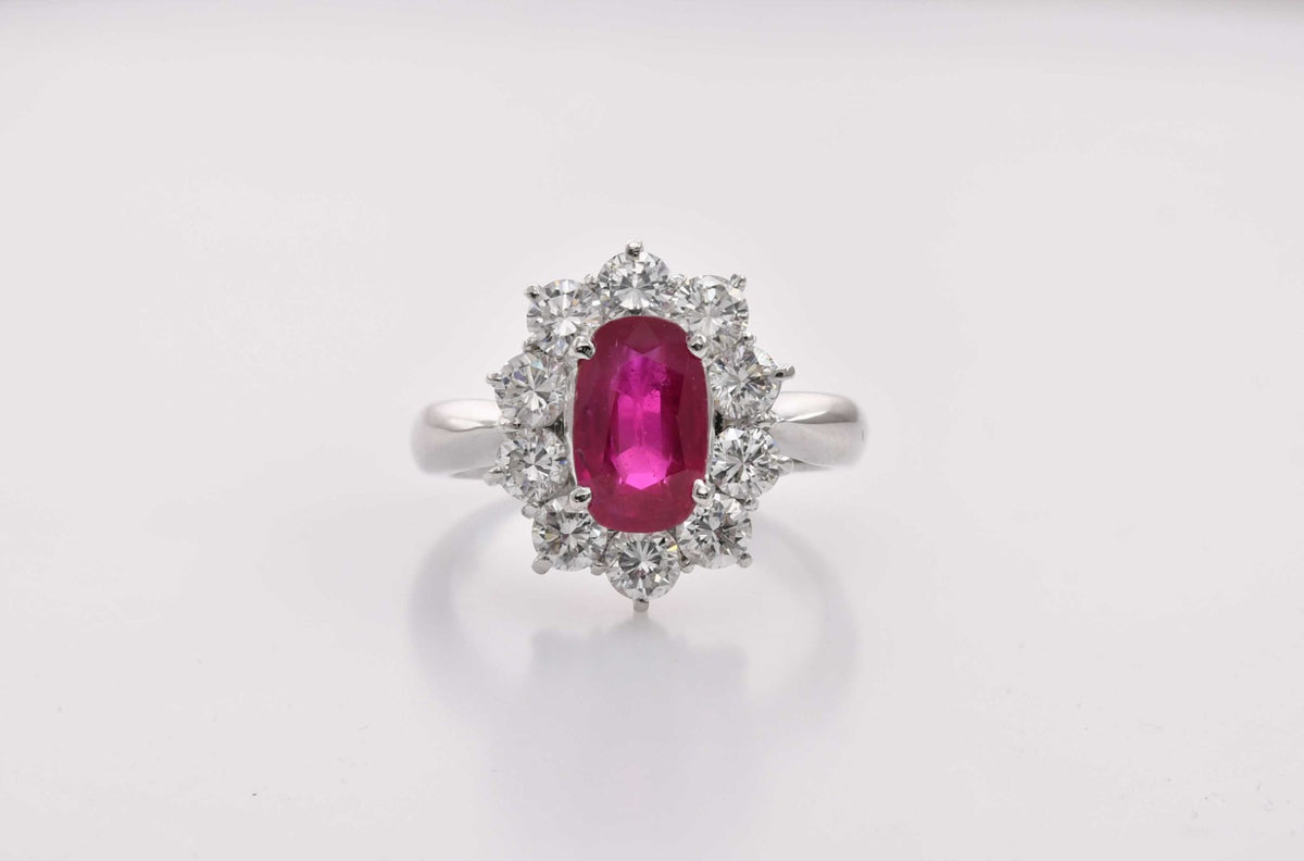  Burma Cushion Ruby and Diamond Halo Ring