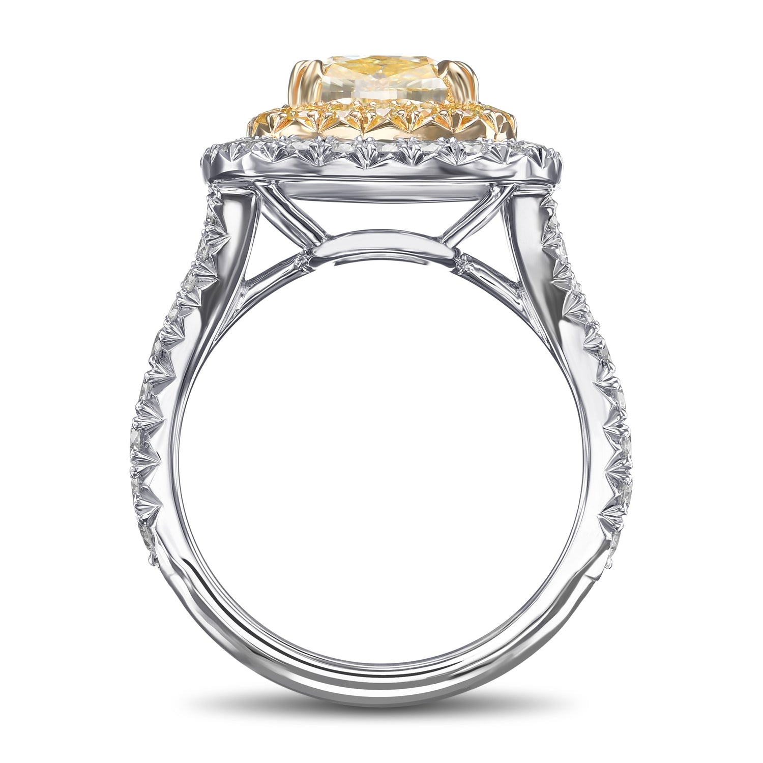 Light Yellow Cushion Double Halo Diamond Ring