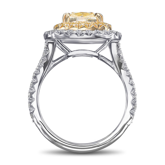 Light Yellow Cushion Double Halo Diamond Ring