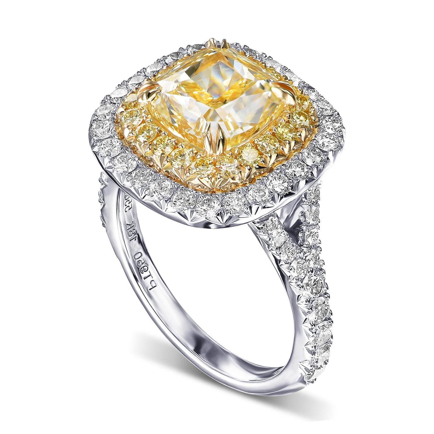 Light Yellow Cushion Double Halo Diamond Ring