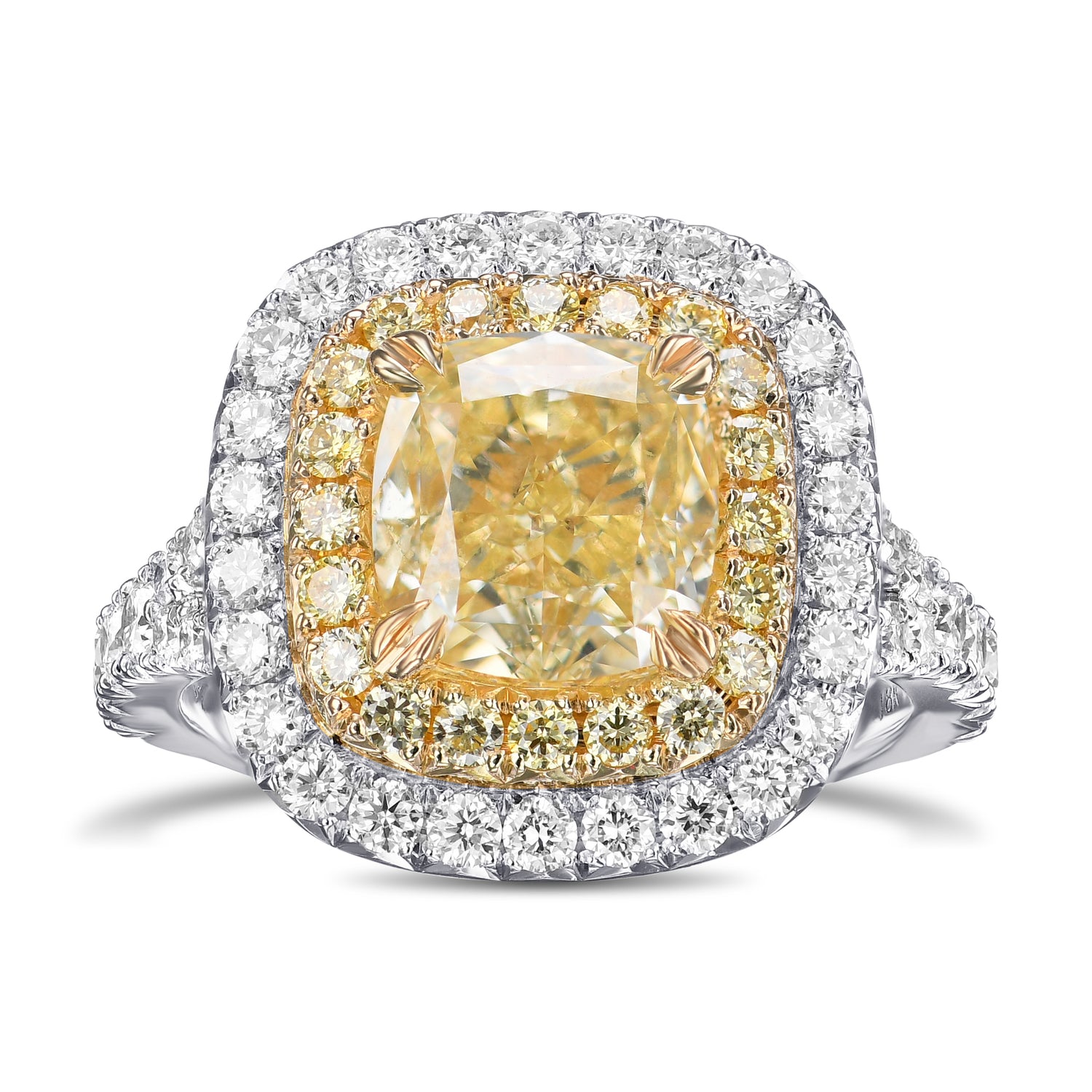 Light Yellow Cushion Double Halo Diamond Ring