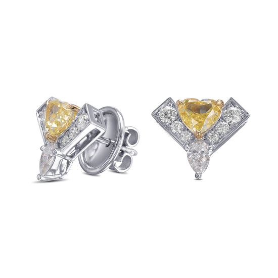 Fancy Intense Yellow Heart and White Diamond Leibish Logo Pave Earrings