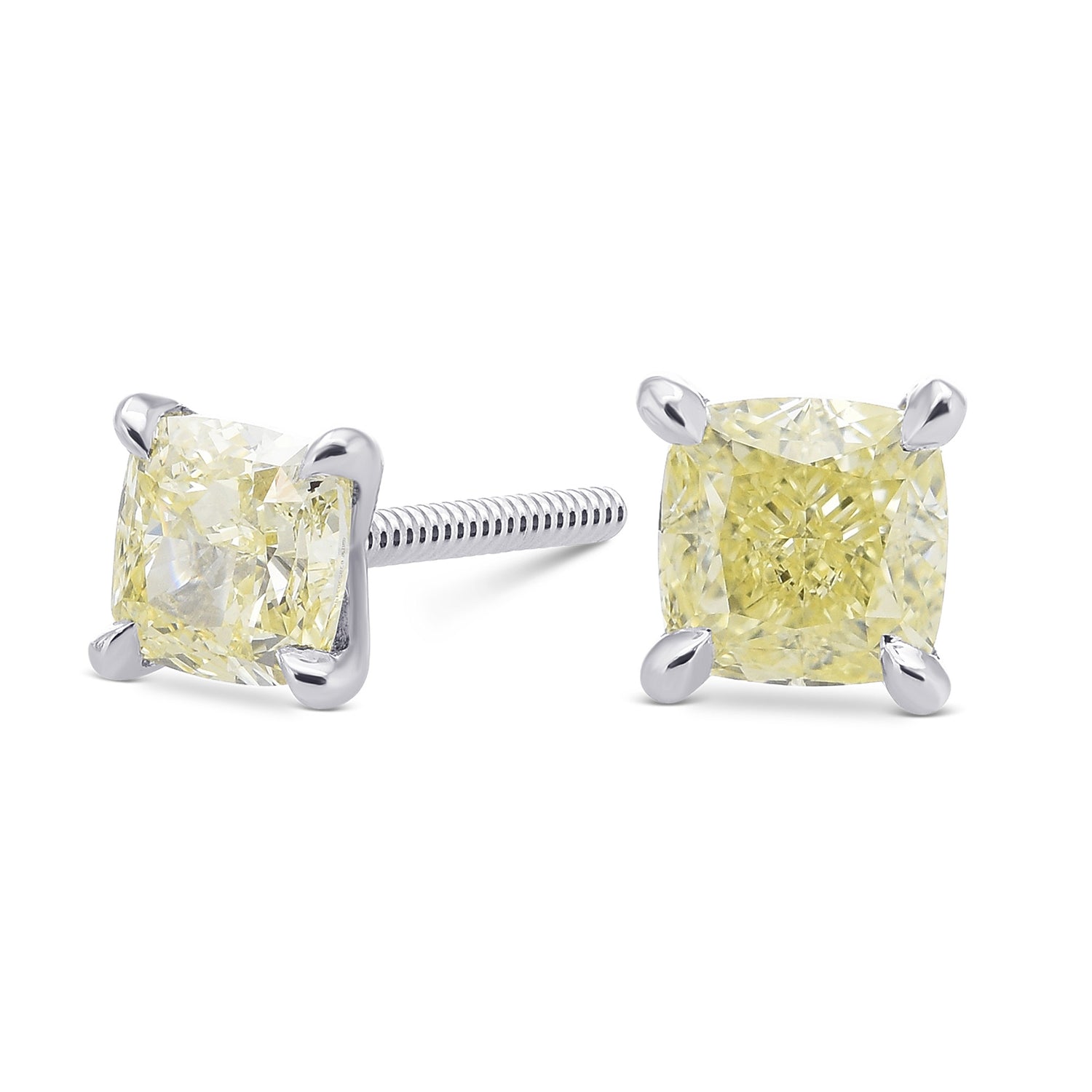 Fancy Light Yellow Cushion Diamond Stud Earrings