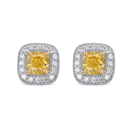 Fancy Intense Yellow Cushion Halo Diamond Earrings