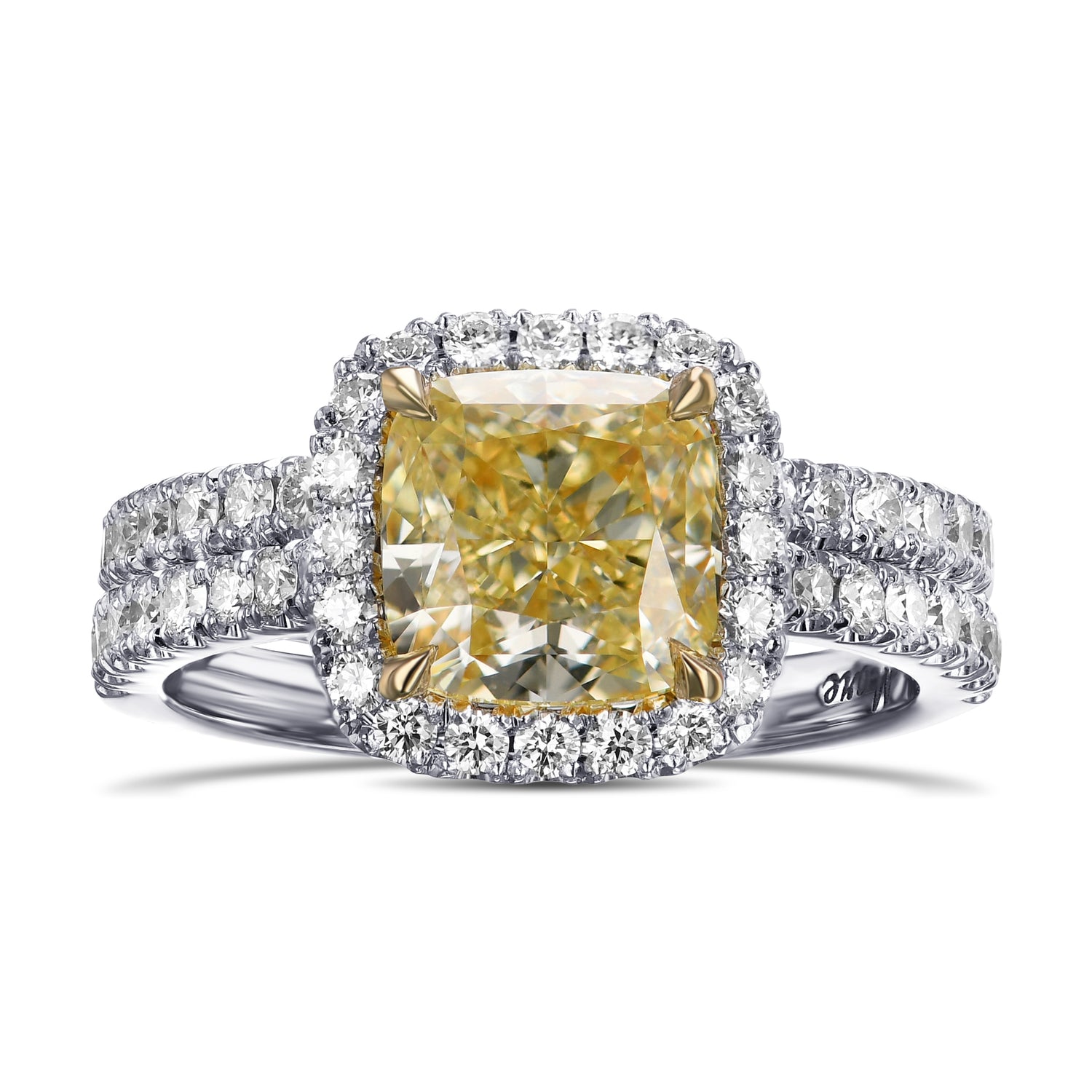 Fancy Yellow Cushion Halo Diamond Engagement & Wedding Ring Set