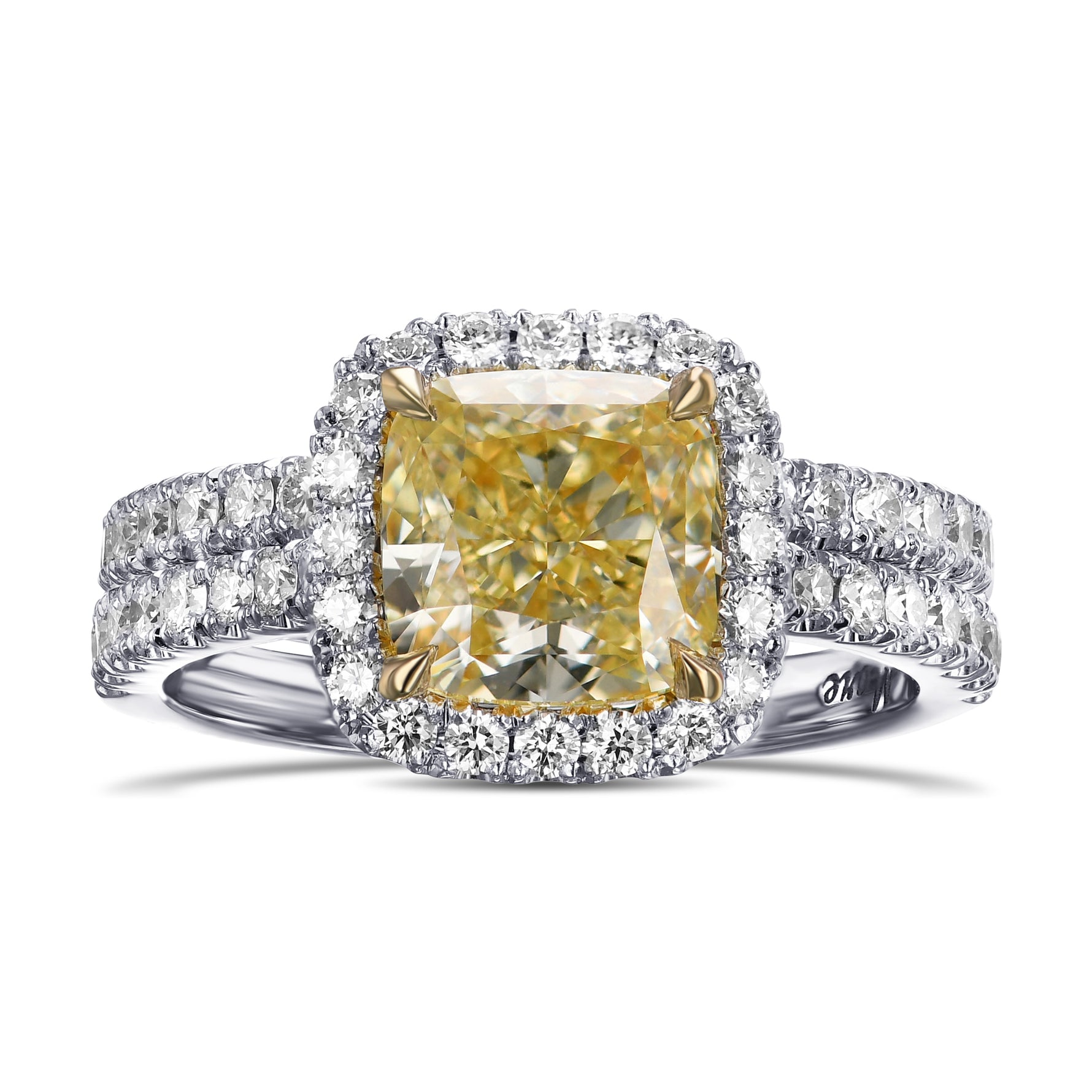 Fancy Yellow Cushion Halo Diamond Engagement & Wedding Ring Set