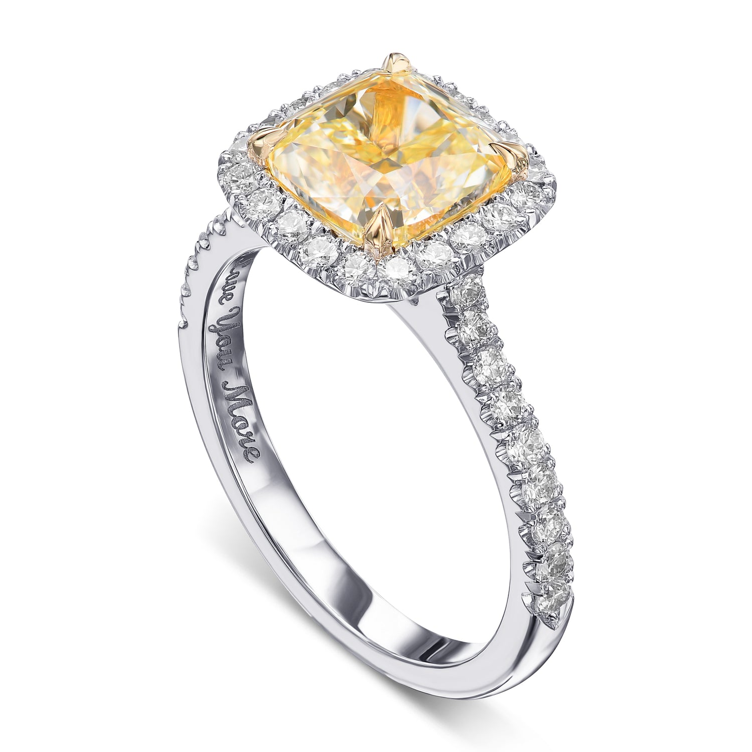 Fancy Yellow Cushion Halo Diamond Engagement & Wedding Ring Set