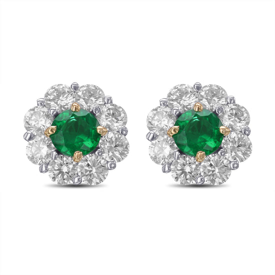 Round Emerald & Diamond Halo Earrings