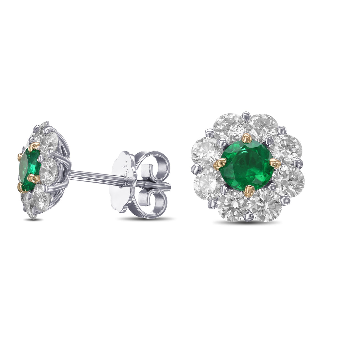 Round Emerald & Diamond Halo Earrings