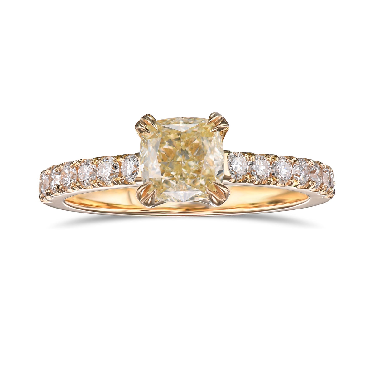 Light Yellow Cushion Side-stone Diamond Ring