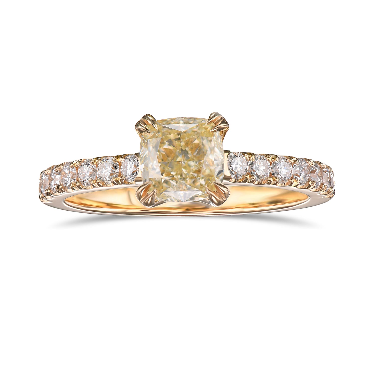 Light Yellow Cushion Side-stone Diamond Ring