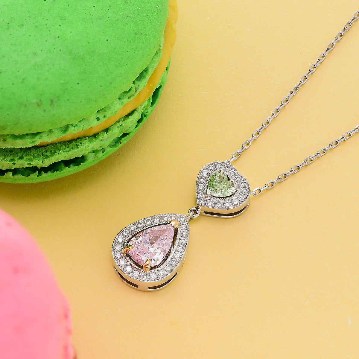 Very Light Pink Pear and Fancy Yellowish Green Heart Diamond Halo Drop Pendant 
