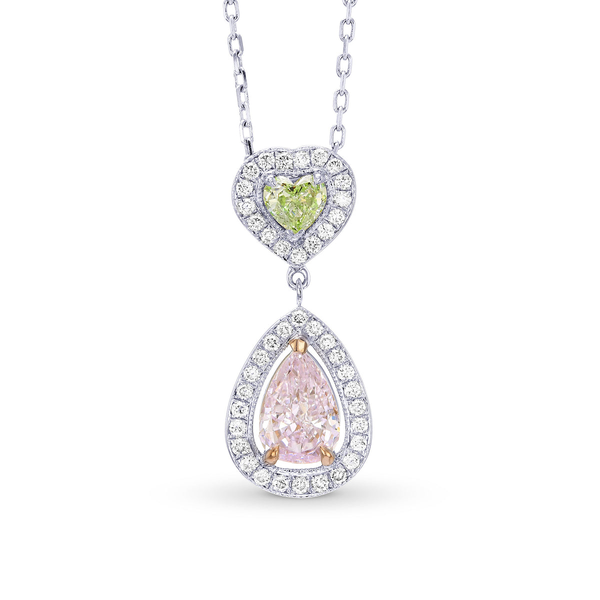 Very Light Pink Pear and Fancy Yellowish Green Heart Diamond Halo Drop Pendant 