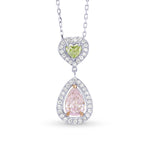 Very Light Pink Pear and Fancy Yellowish Green Heart Diamond Halo Drop Pendant 