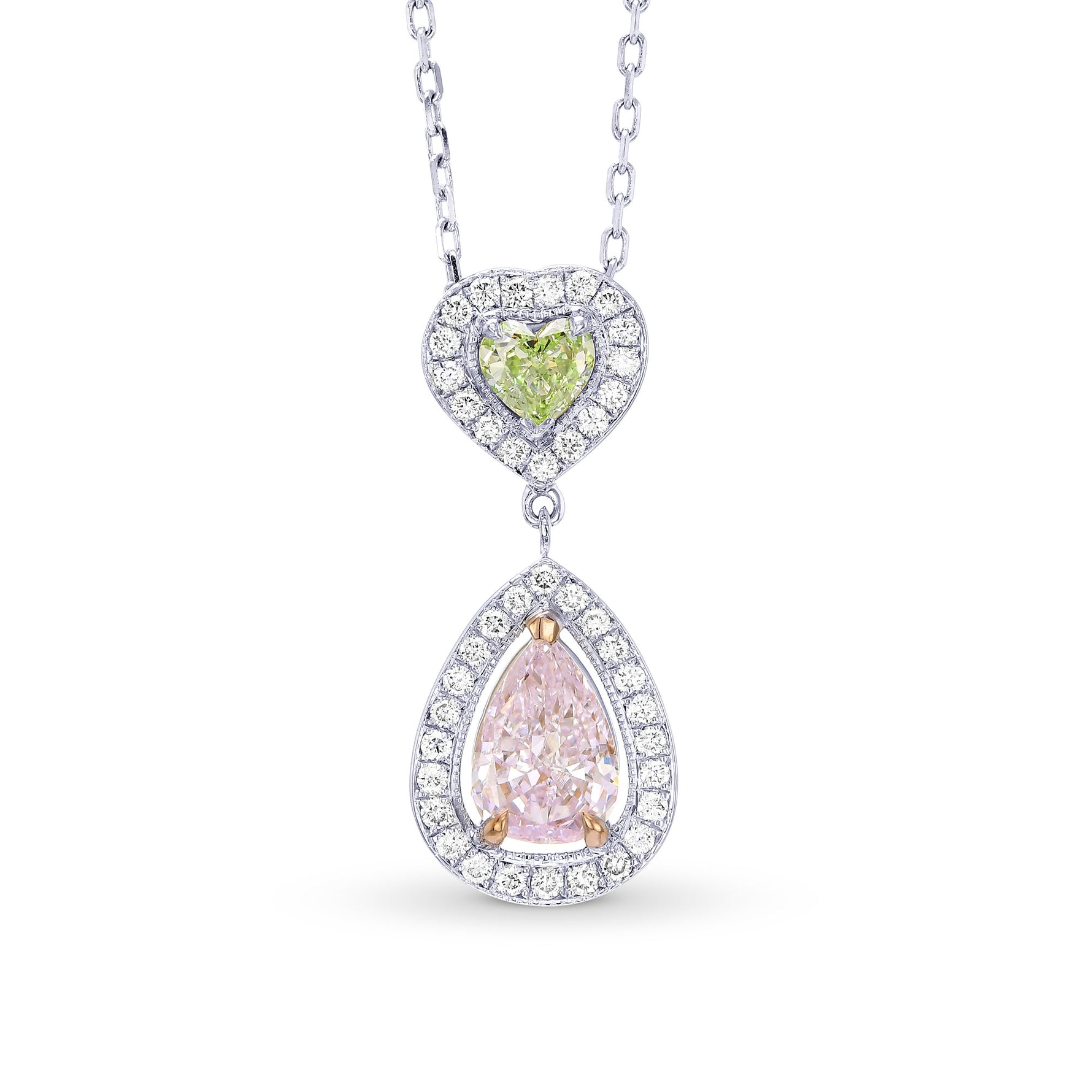 Very Light Pink Pear and Fancy Yellowish Green Heart Diamond Halo Drop Pendant 