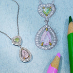 Very Light Pink Pear and Fancy Yellowish Green Heart Diamond Halo Drop Pendant 