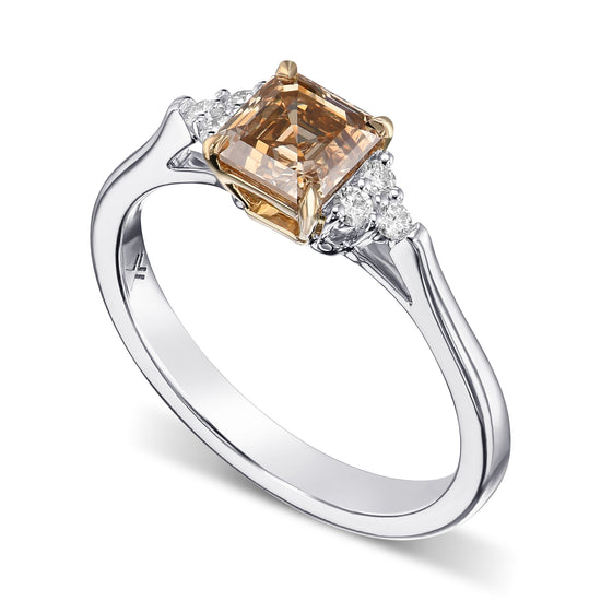 Fancy Brown Yellow Asscher Diamond Engagement & Wedding Ring Set