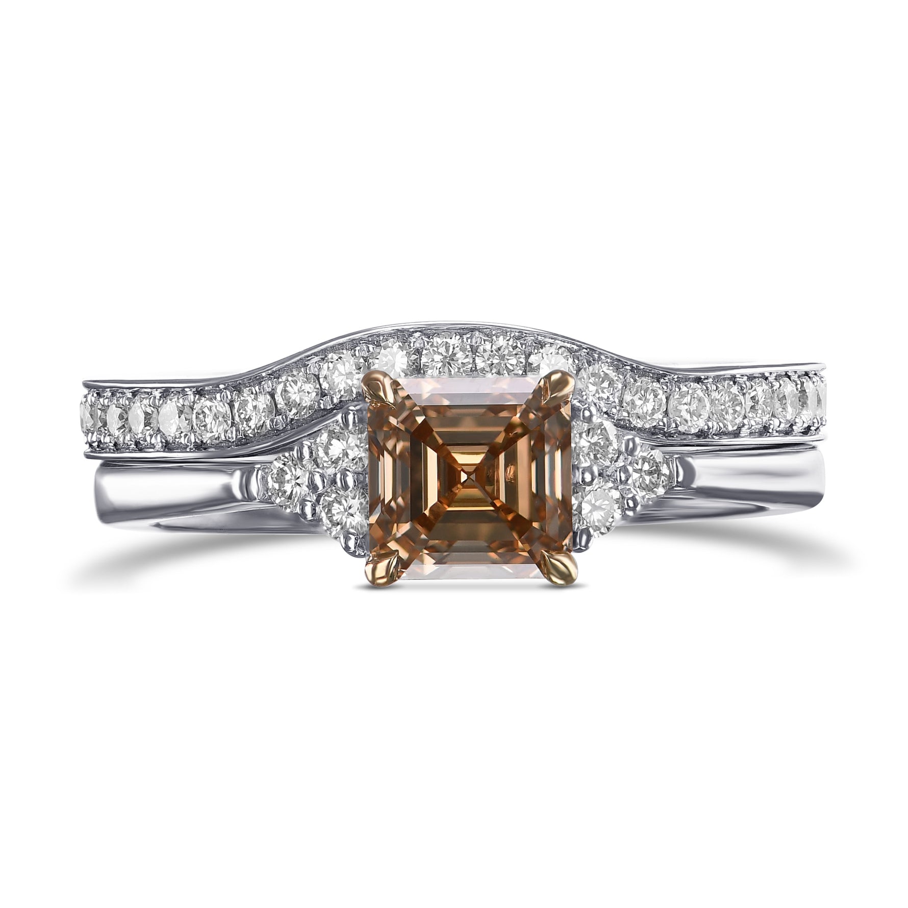 Fancy Brown Yellow Asscher Diamond Engagement & Wedding Ring Set