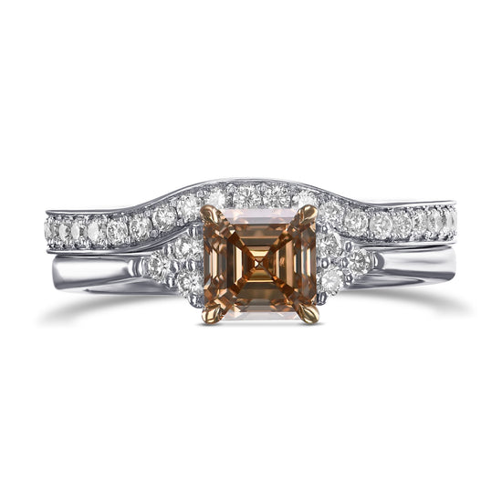 Fancy Brown Yellow Asscher Diamond Engagement & Wedding Ring Set