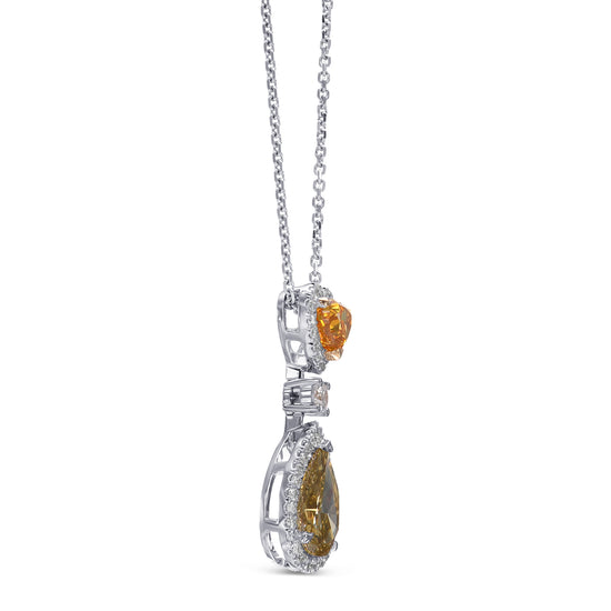 Fancy Vivid Yellow Orange Heart & Fancy Deep Brownish Greenish Yellow Pear Drop Halo Diamond Pendant