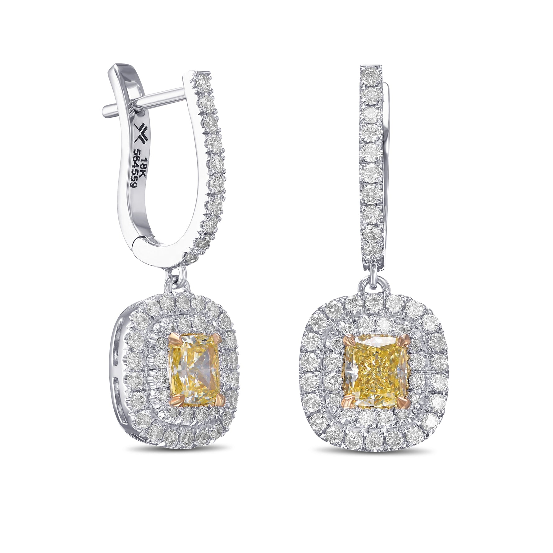   Fancy Yellow Cushion Drop Halo Diamond Earrings