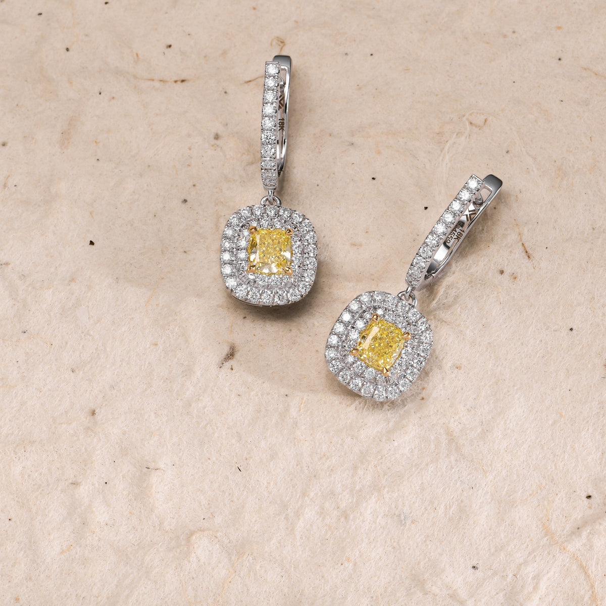   Fancy Yellow Cushion Drop Halo Diamond Earrings