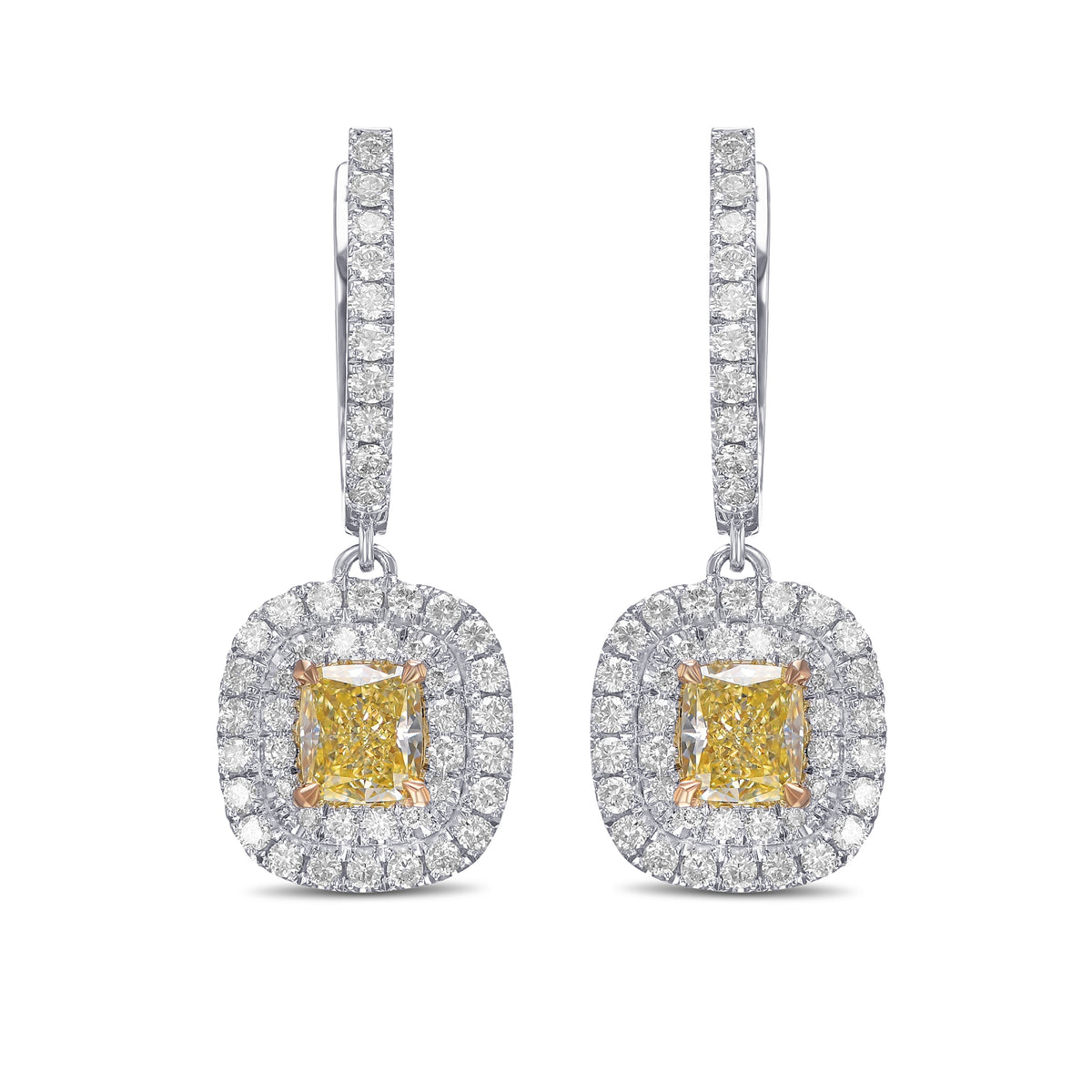   Fancy Yellow Cushion Drop Halo Diamond Earrings