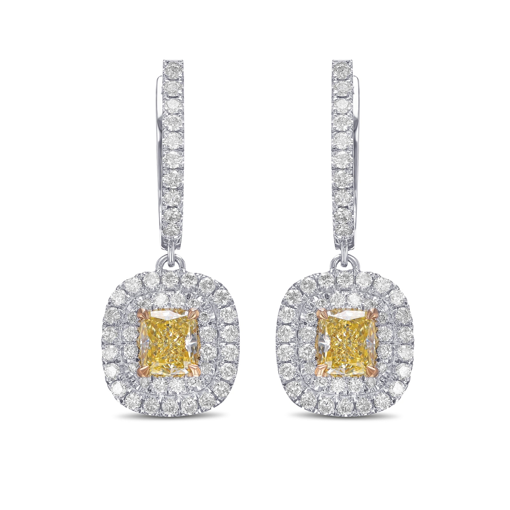   Fancy Yellow Cushion Drop Halo Diamond Earrings