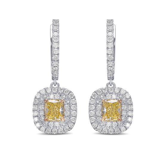   Fancy Yellow Cushion Drop Halo Diamond Earrings