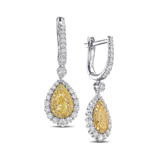 Fancy Intense Yellow Pear Diamond Halo Drop Earrings