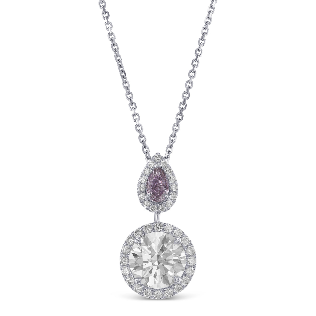 Round "D" Color & Fancy Intense Pink Purple Pear Drop Halo Diamond Pendant
