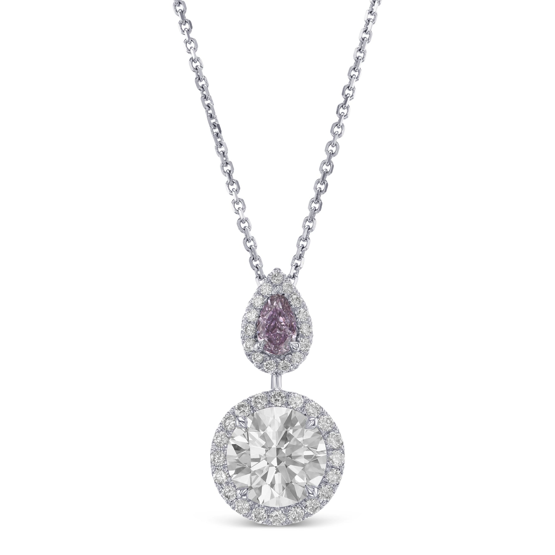 Round "D" Color & Fancy Intense Pink Purple Pear Drop Halo Diamond Pendant