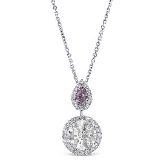 Round "D" Color & Fancy Intense Pink Purple Pear Drop Halo Diamond Pendant