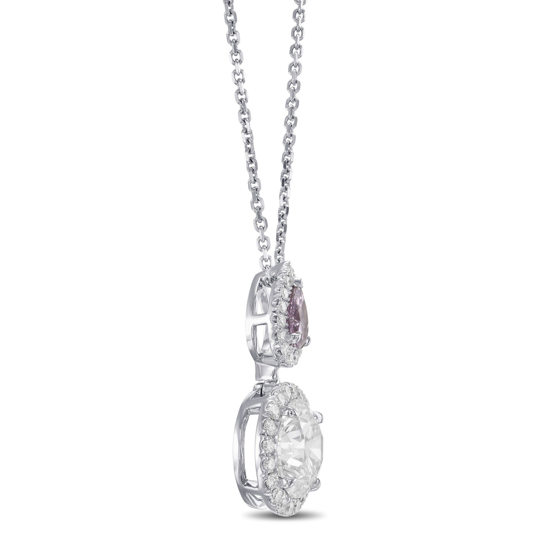 Round "D" Color & Fancy Intense Pink Purple Pear Drop Halo Diamond Pendant