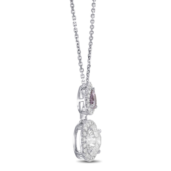 Round "D" Color & Fancy Intense Pink Purple Pear Drop Halo Diamond Pendant