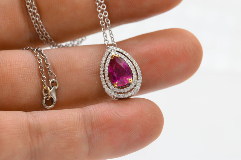 Natural Unheated Ruby and Diamond Double Halo Pendant