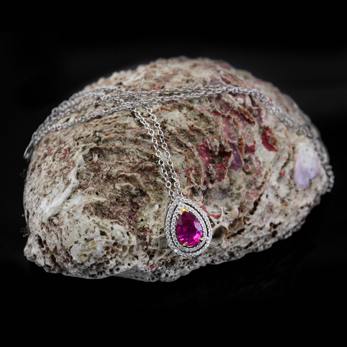 Natural Unheated Ruby and Diamond Double Halo Pendant