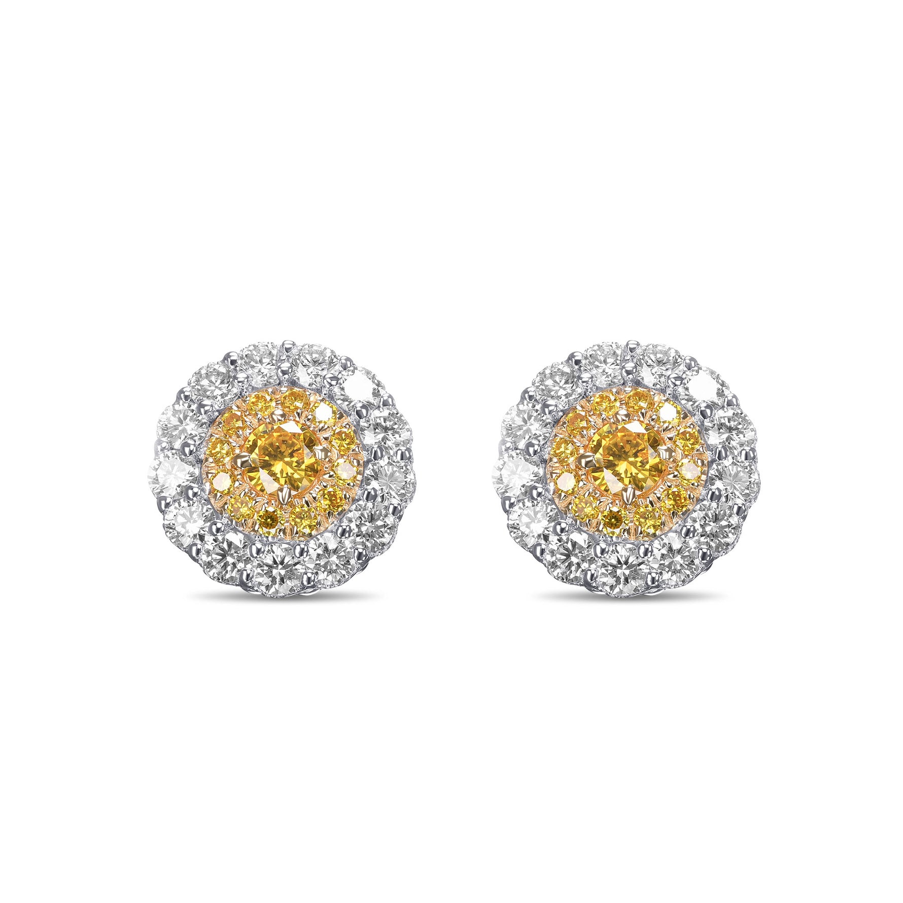 Fancy Vivid Yellow Round Brilliant Double Halo Diamond Earrings