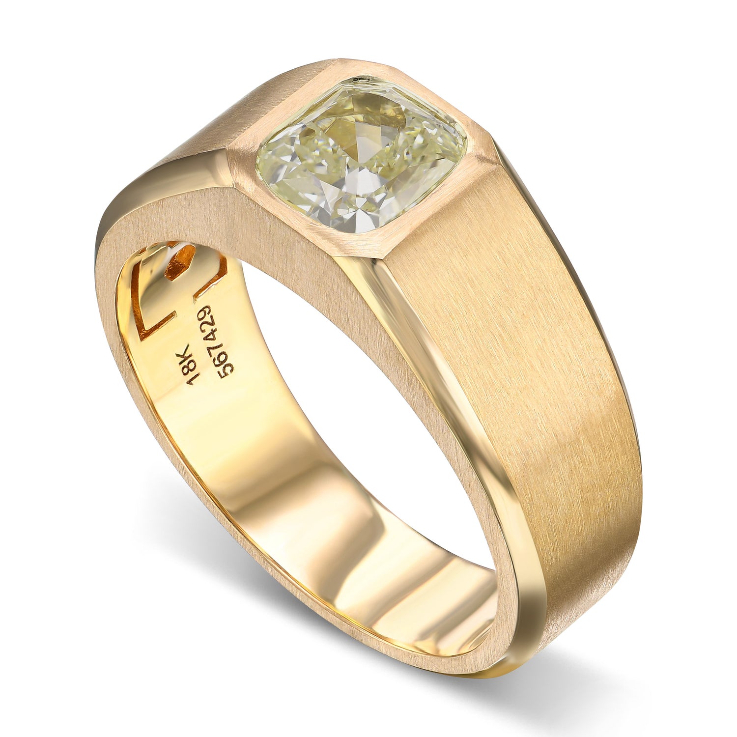 Fancy Light Grayish Greenish Yellow Cushion Diamond Men's Ring