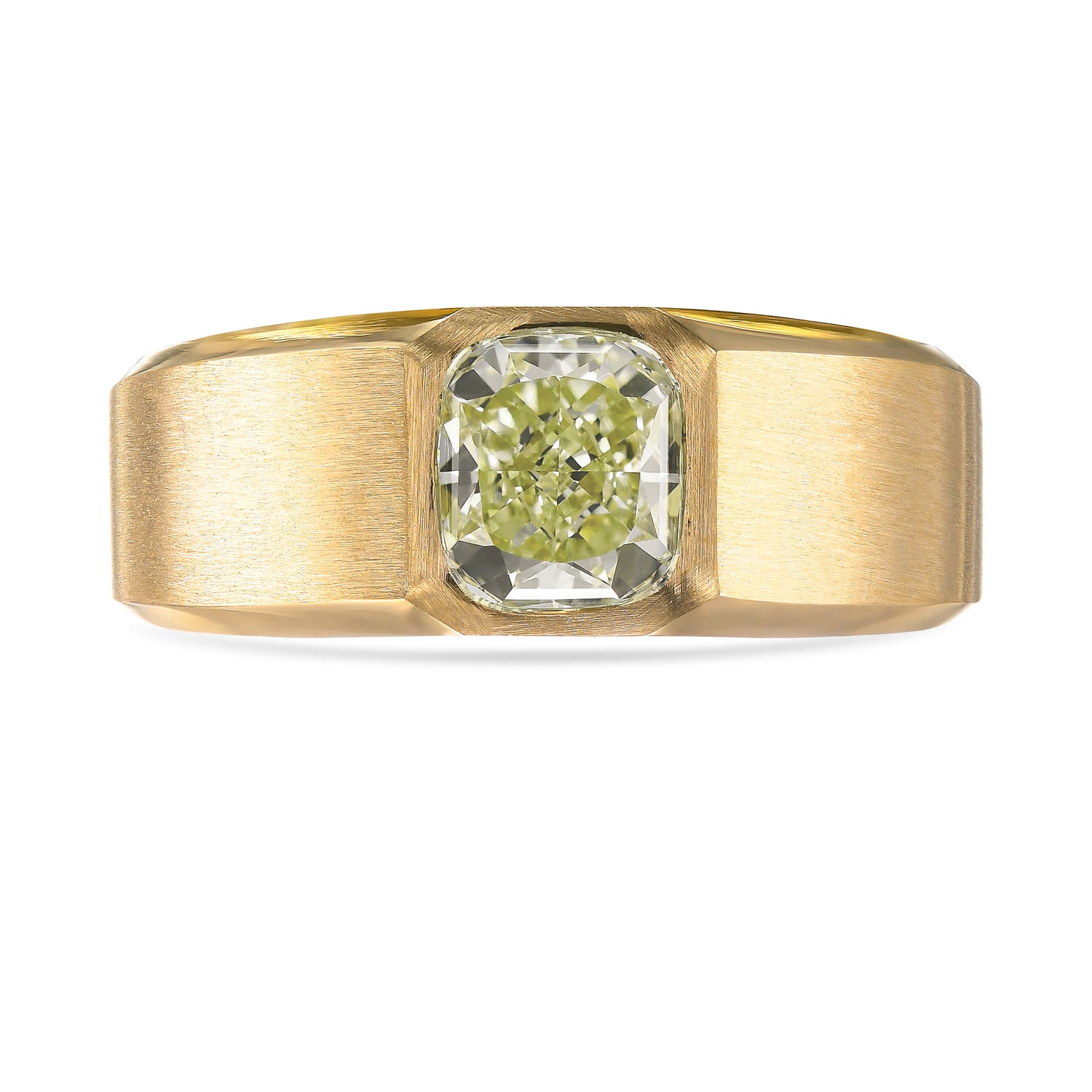 Fancy Light Grayish Greenish Yellow Cushion Diamond Men's Ring