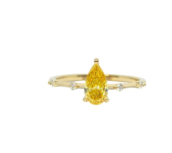 Fancy Vivid Orangy Yellow Pear Solitaire Diamond Ring