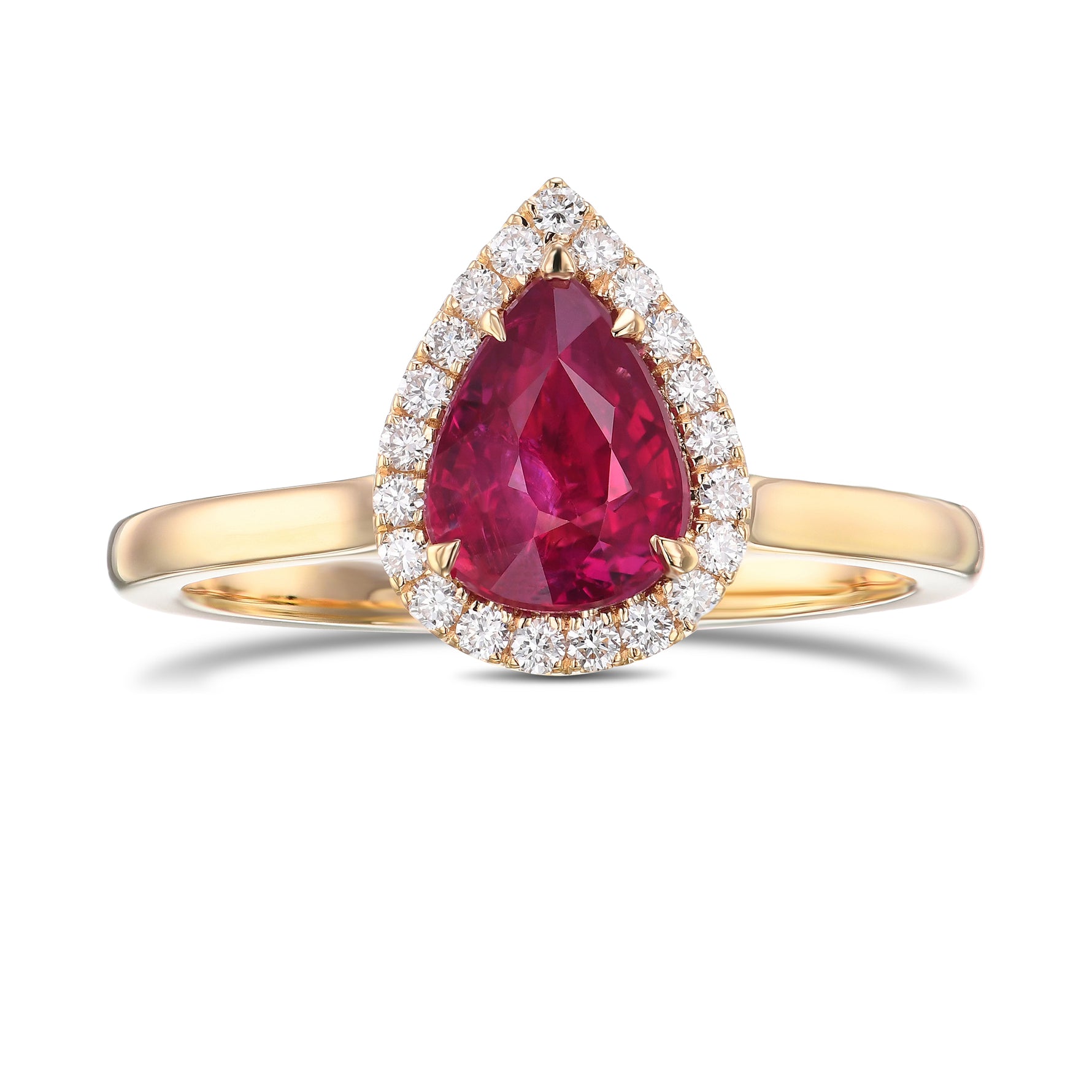 Pear Pinkish Red Ruby and Diamond Halo Ring