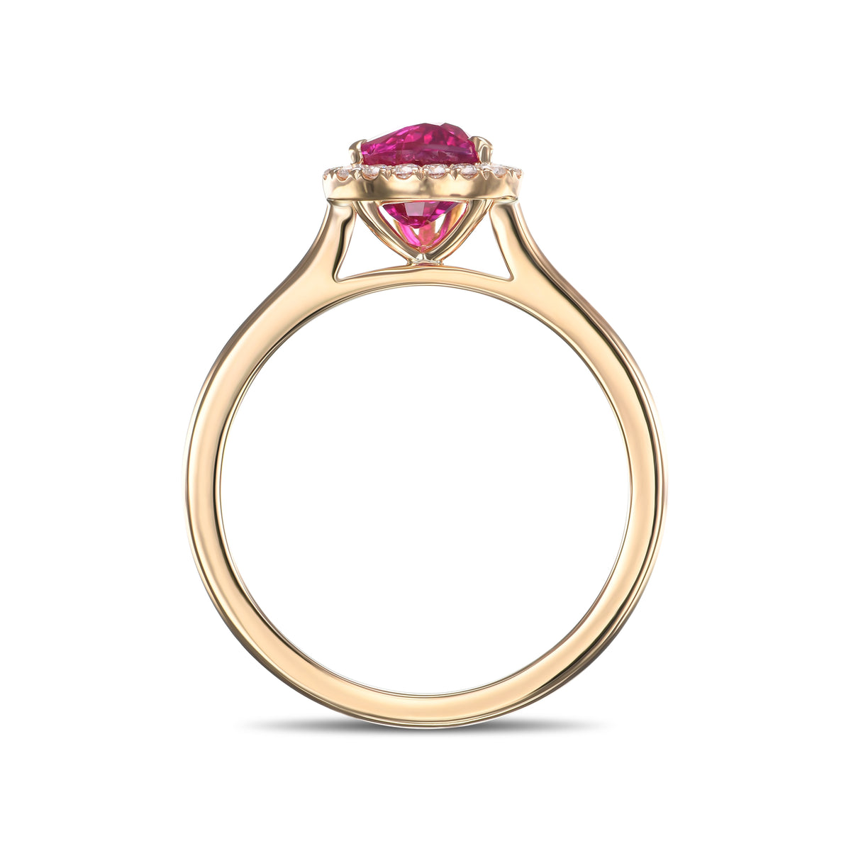 Pear Pinkish Red Ruby and Diamond Halo Ring