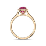Pear Pinkish Red Ruby and Diamond Halo Ring