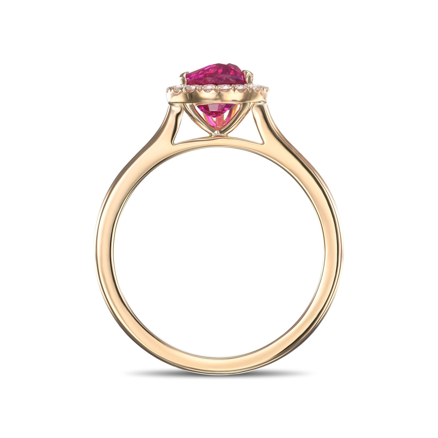 Pear Pinkish Red Ruby and Diamond Halo Ring