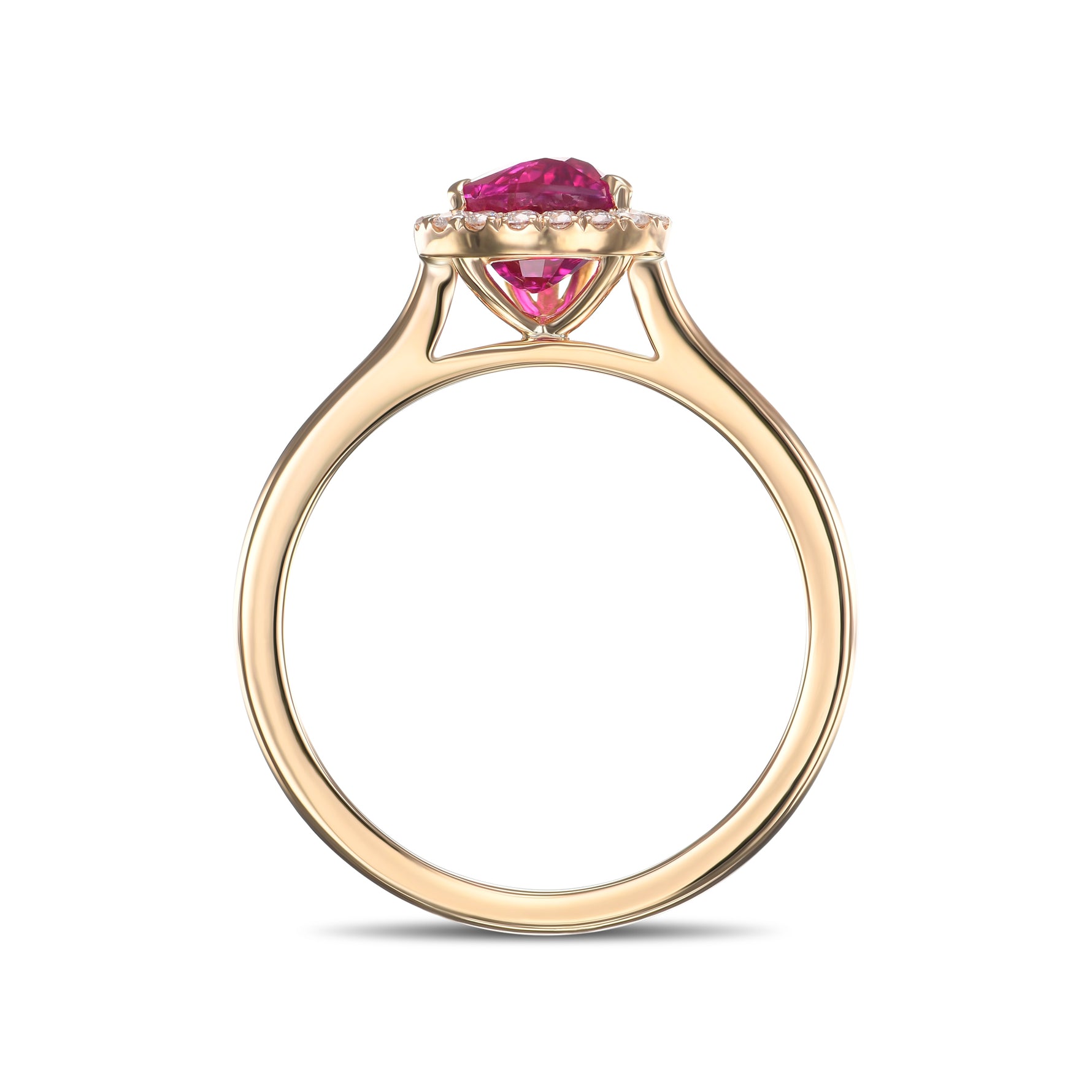 Pear Pinkish Red Ruby and Diamond Halo Ring