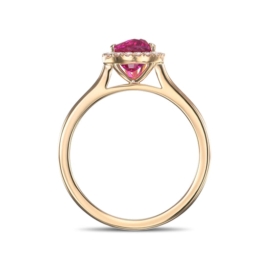 Pear Pinkish Red Ruby and Diamond Halo Ring